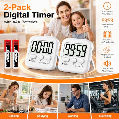 2 Pack Digital Timer for Kids Classroom Kitchen Timers for Cooking (2 * Pure White)