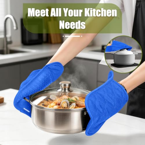 Silicone Oven Mitts and Pot Holders with Kitchen Towels and Dishcloths Sets (Royal Blue)