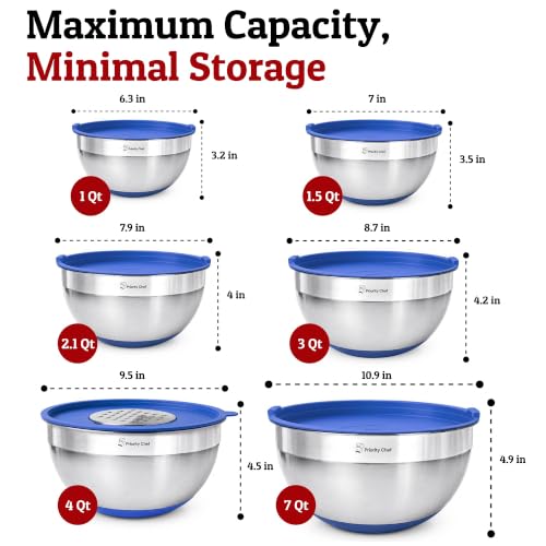 6Pc Stainless Steel Mixing Bowls with Lids Set (Blue)