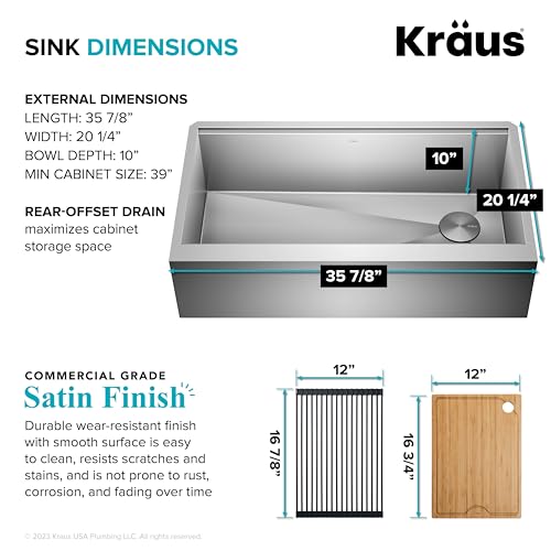 Kore 36 Inch Modern Farmhouse Workstation 16 Gauge Single Bowl Stainless Steel Kitchen Sink with Accessories (36 Inch / Flat Farmhouse / Stainless Steel)