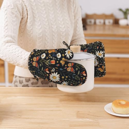 Oven Mitts Pot Holders Set Vintage Butterfly Daisy Leaf Silicone Kitchen Gloves Potholders Heat Resistant for Chef Baking Cooking Grilling BBQ 4 Pack Mitt (D01)