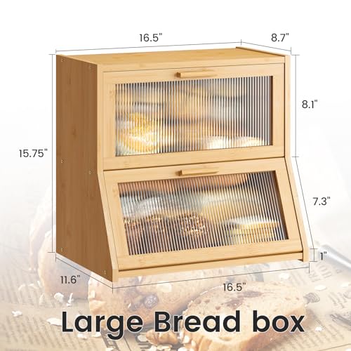 Double Layer Bamboo Bread Box for Kitchen Counter (Natural / Extra Large)
