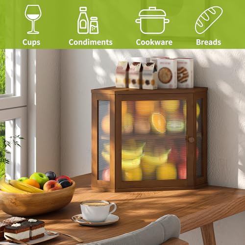 Corner Bread Box for Kitchen Countertop Double Layer Bamboo Wooden Bread box Large Capacity Bread Storage Bin (Brown / Medium)