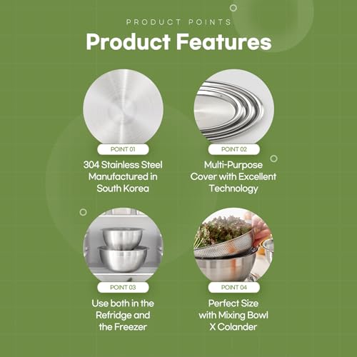 Mixing Bowl + Colander Stainless Steel Food Storage Containers with Lids Set 3 Bowls 3 Lids 3 Colanders Kitchen Appliances Dishwasher Safe Premium South Korea
