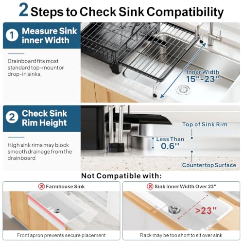 Large 2 Tier Dish Drying Rack (Black / 2-Tier, Expandable 14.4"-22.4" W)
