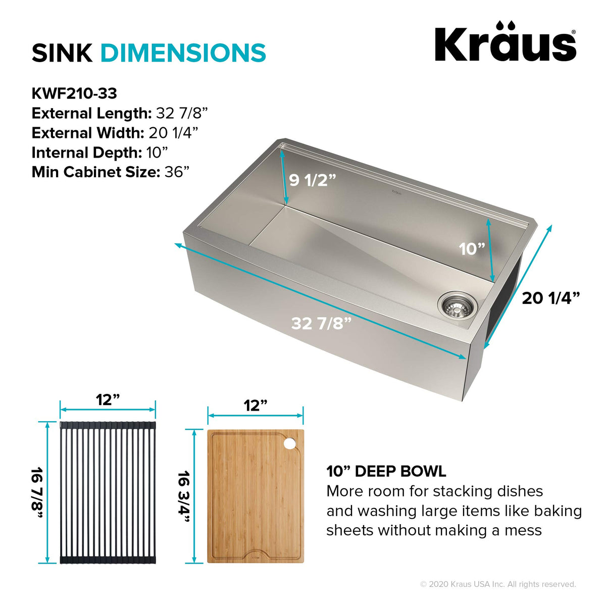 Kore 33 Inch Farmhouse Workstation 16 Gauge Single Bowl Stainless Steel Kitchen Sink with Accessories (33 Inch / Rounded Farmhouse / Stainless Steel)