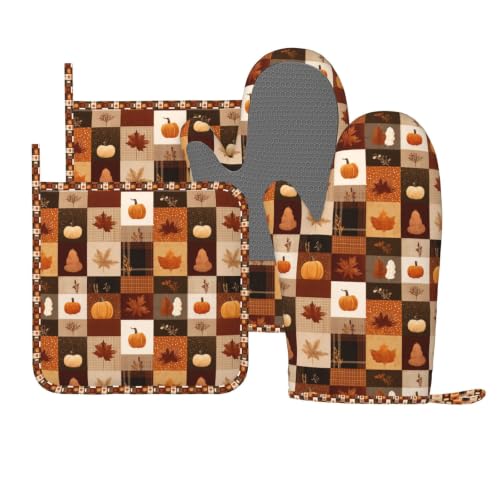 Oven Mitts and Pot Holders Set Autumn Fall Pumpkin Silicone Kitchen Accessories 4 Piece Heat Resistant Long Gloves Potholder Non (C13)