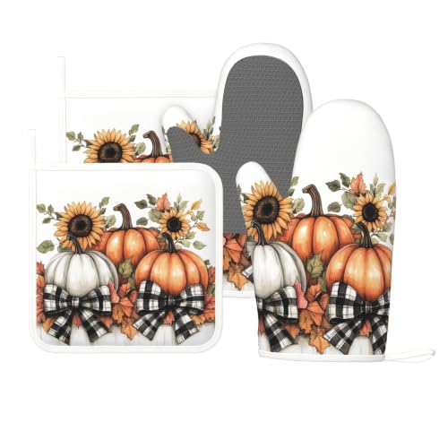 Oven Mitts and Pot Holders Set Pumpkin Thanksgiving Fall Silicone Kitchen Accessories 4 Piece Heat Resistant Long Gloves Potholder Non (C03)