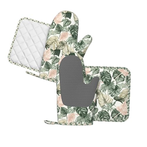 Oven Mitts Pot Holders Set Tropical Leaf Pattern Silicone Kitchen Gloves Potholders Heat Resistant for Chef Baking Cooking Grilling BBQ 4 Pack Mitt (B0119)
