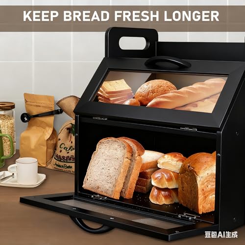 Bread Box for Kitchen Countertop (L-Black)