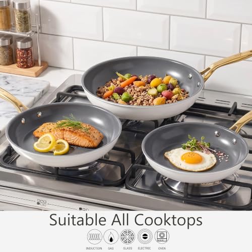 3 Piece White Ceramic Nonstick Frying Pan Set (White)