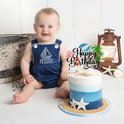 1Pcs Summer Beach Happy Birthday Cake Topper Glitter Ball Tree Umbrella Pool Cake Pick for Hawaiian Holiday Baby Shower Birthday Party Cake Decorations Supplies Blue