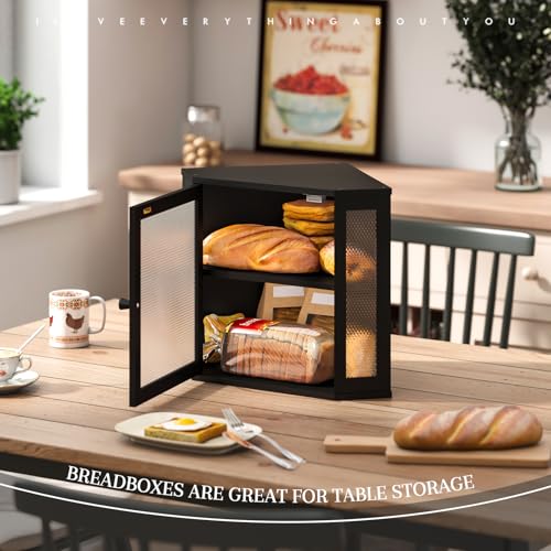 Corner Bread Box Kitchen Countertop Extra Large Capacity Farmhouse Bread Box (Black / 11.8" x 11.8" x 13.8")