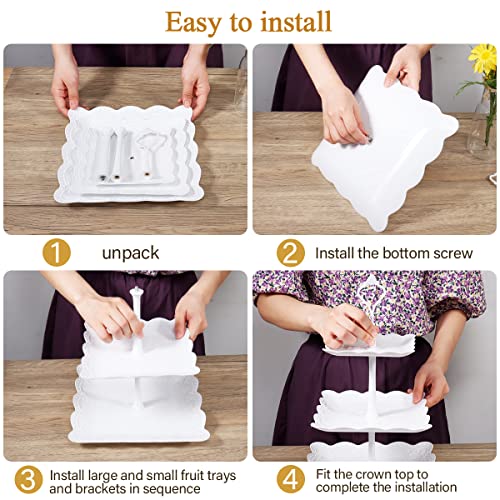 10 Pcs Cake Stand White Plastic Dessert Table Display Set 4 Pcs 3 Tired Cupcake Stand Cookie Tray Rack Serving Tray Cake Display Tower and 6 Pcs Dessert Trays for Wedding Baby Shower Tea Party