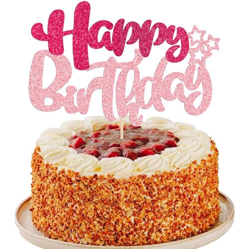 24Pcs Happy Cupcake Toppers Double Layer Glitter Cake Decorations for Baby Shower Kids Boys Girls Birthday Anniversary Party Supplies Pink Light Pink