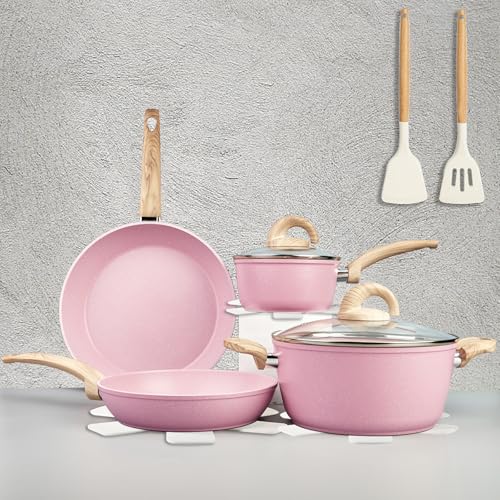 Pots and Pans Set Nonstick Induction Kitchen Cookware Set Cooking Sets 6 Pcs with Frying Pan Granite Stone Bakelite Wood Handle