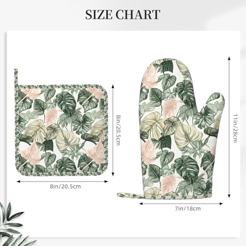 Oven Mitts Pot Holders Set Tropical Leaf Pattern Silicone Kitchen Gloves Potholders Heat Resistant for Chef Baking Cooking Grilling BBQ 4 Pack Mitt (B0119)