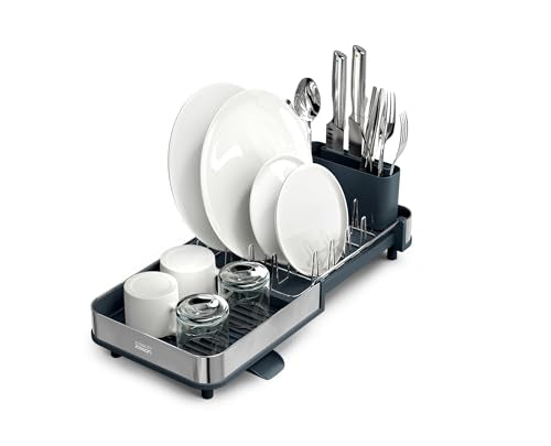 Extend Slim Steel Expandable Dish Drying Rack with Removable Cutlery Holder and Swivel Draining Spout (Slim / Gray)