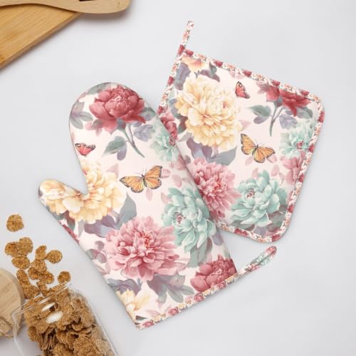 Oven Mitts and Pot Holders Set Peony Flower Butterfly Silicone Kitchen Accessories 4 Piece Heat Resistant Long Gloves Potholder Non (C10)