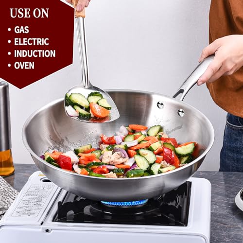 Tri Ply Stainless Steel Wok Pan with Lid