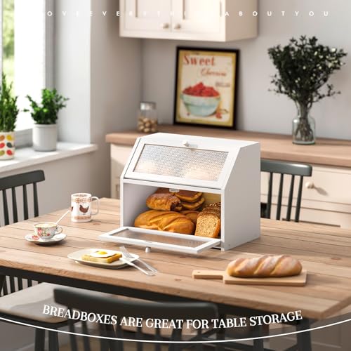 Bread Box for Kitchen Countertop Bin Double Layer Bread Box Storage Container Extra Large Capacity Farmhouse with Diamond Pattern Windows (White / Large)