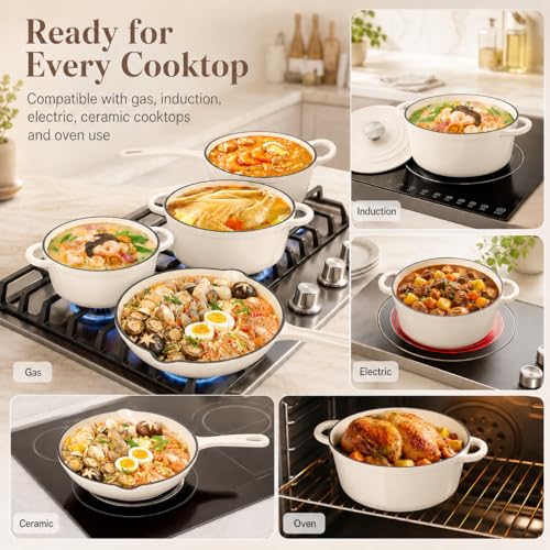 Enameled Cast Iron Cookware Set (Cream White)