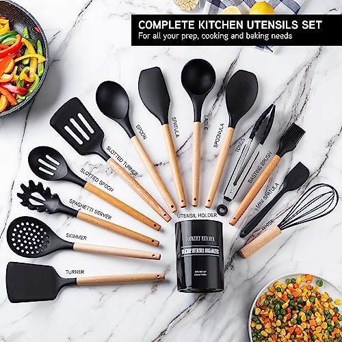 Non Stick Silicone Utensil Set with Rounded Wood Handles for Cooking and Baking (14 Piece Set / Black)