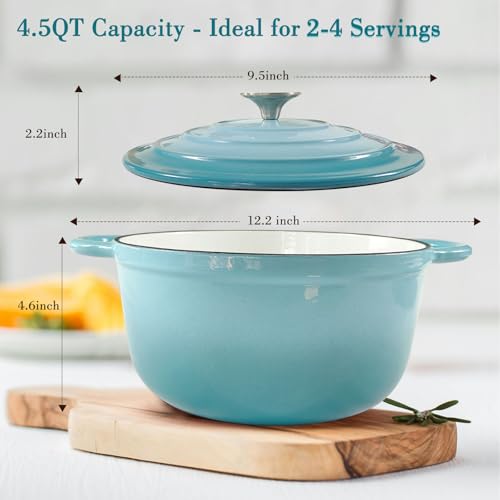 Cast Iron Dutch Oven 4.5 Quart Enameled Cast Iron Dutch Oven Pot with lid Heavy Duty Dutch Oven Dual Handles Porcelain Enameled Cast Iron Pot for Baking Braiser Cooking Family or Friends Gifts (Teal / 4.5QT)