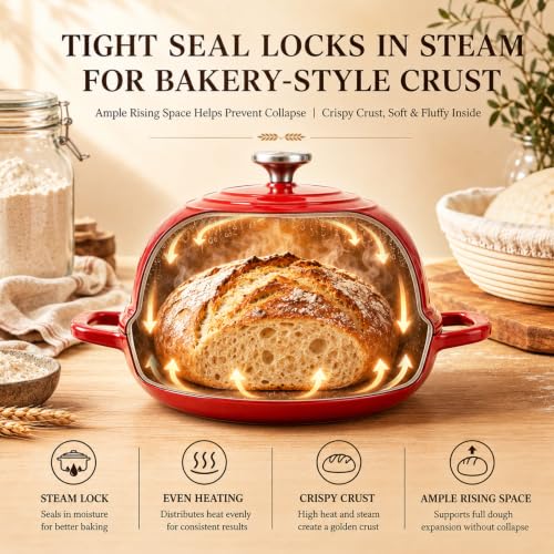 5 Qt Enameled Cast Iron Dutch Oven for Sourdough Bread Baking (Red)