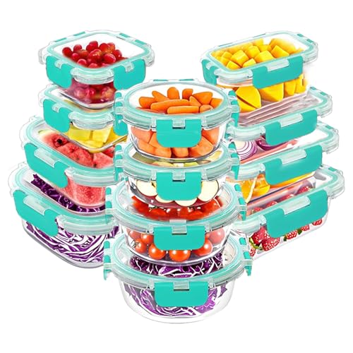 12 Packs Glass Food Storage Containers Set with Lids (Green / 24 Pieces)