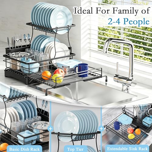 2 Tier Dish Drying Rack (Black / double-tier dish rack 16.7"w X14.8"H 12.8"-20.8"I)