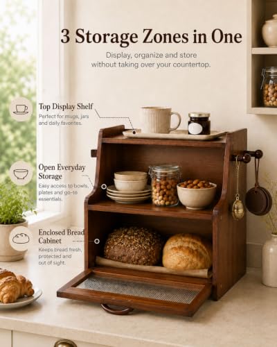 Bread Box for Kitchen Countertop Large Capacity with Shelf Organizer (Brown)