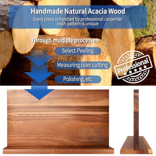 Extra Large Magnetic Knife Block Acacia Wood Knife Set Holder Stand With Stronge Magnetic Strip Kitchen Knives Storage Rack Organizer Tools No Drilling (dark wood color / 15.5*8.7 inch without board)