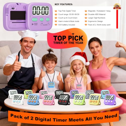 2 Pack Digital Timer for Kids Classroom Kitchen Timers for Cooking (1 * Fresh Purple)