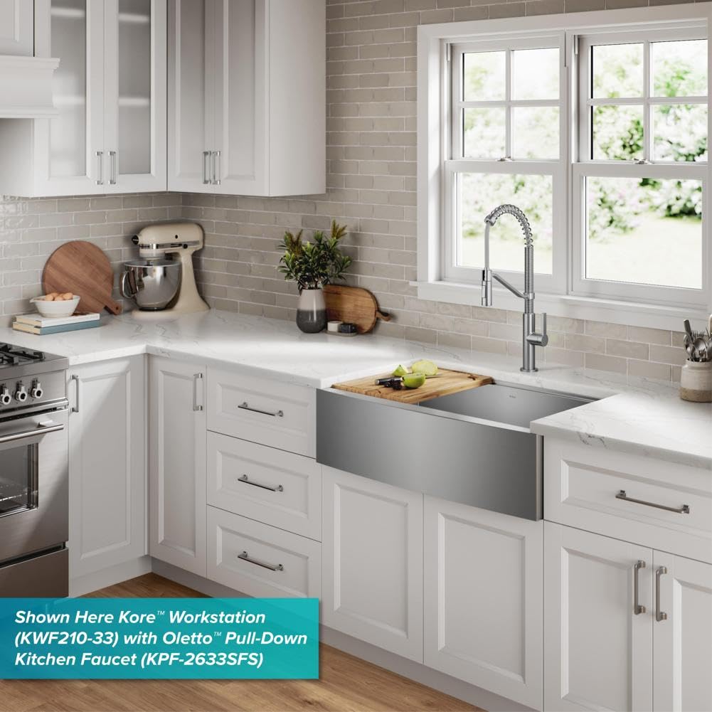 Kore 24 Inch Farmhouse Workstation 16 Gauge Single Bowl Stainless Steel Kitchen Sink with Accessories (24 Inch / Rounded Farmhouse / Stainless Steel)