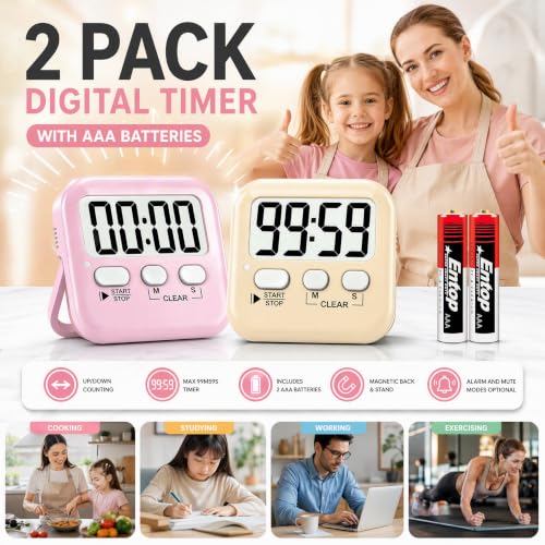 2 Pack Digital Timer for Kids Classroom Kitchen Timers for Cooking (2 * Lovely Pink + Light Peach)
