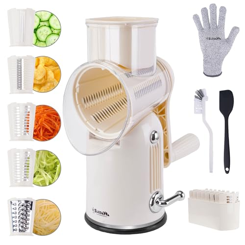 5-in-1 Rotary Cheese Grater Vegetable Slicer with Handle - Upgraded Hand Crank Cheese Grater with Handle and Strong Suction Base, Multi-Purpose Slicer with 5 Blades