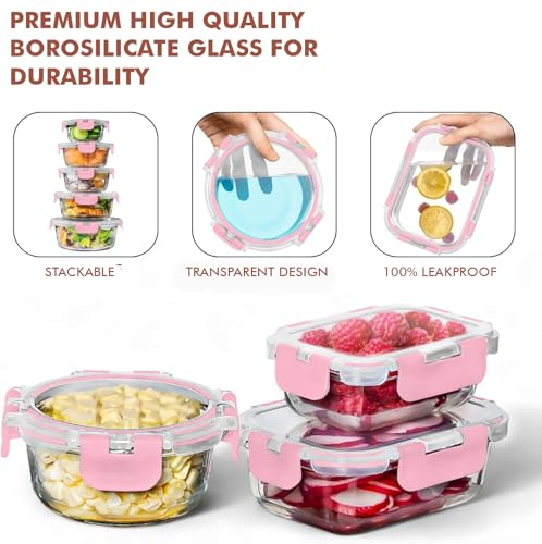 30 PC Glass Food Storage Containers with Lids (Pink)