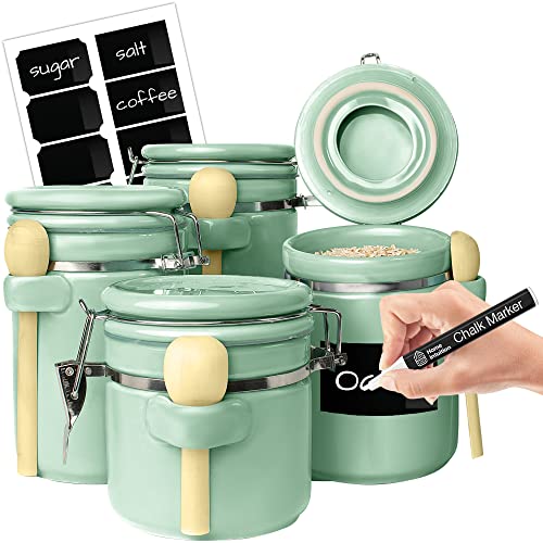 4 Piece Ceramic Kitchen Canisters Set Airtight Containers with Wooden Spoons For Sugar