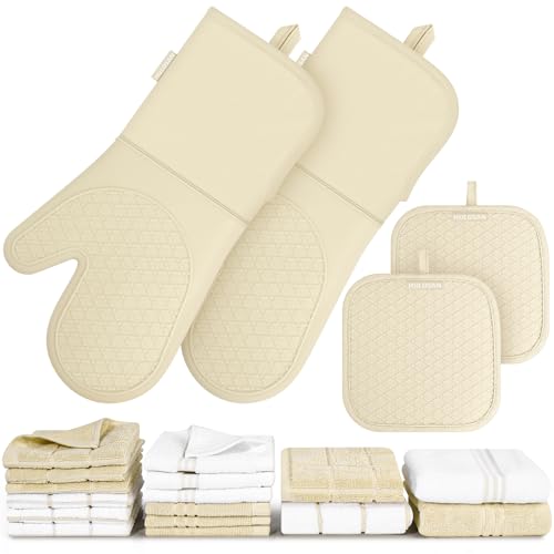 Silicone Oven Mitts Pot Holder Kitchen (Beige)