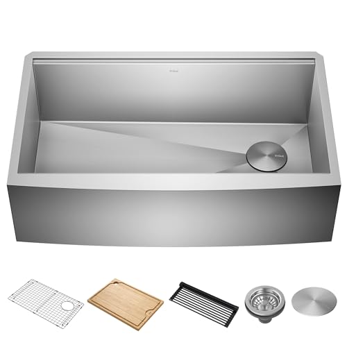 Kore 33 Inch Farmhouse Workstation 16 Gauge Single Bowl Stainless Steel Kitchen Sink with Accessories (33 Inch / Rounded Farmhouse / Stainless Steel)