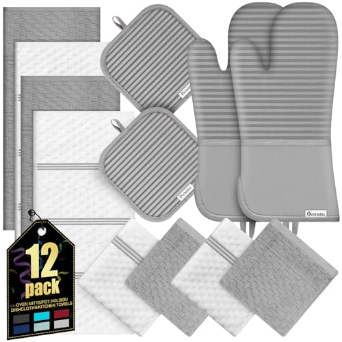 Oven Mitts Kitchen Towels and Dishcloths with Pot Holders Sets (Gray)