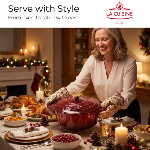 La Cuisine Enameled Cast Iron Dutch Oven Casserole Pot with Golden handle for Lid (5.0 QT Round / Cranberry)