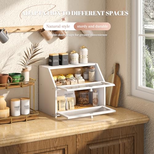 Bread Box for Kitchen Countertop Bin Double Layer Bread Box Storage Container Extra Large Capacity Farmhouse with Diamond Pattern Windows (White / Large)
