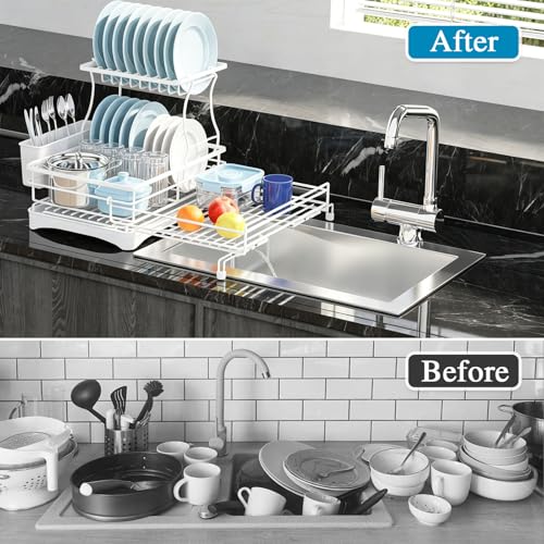 2 Tier Dish Drying Rack (White / 2-Tier Dish Rack 16.7"W X 14.8"H 12.8"-20.8")