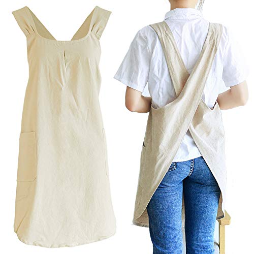 Japanese Cotton Linen Cross Back Cooking Apron for Women Men with Pockets Cute for Baking Kitchen