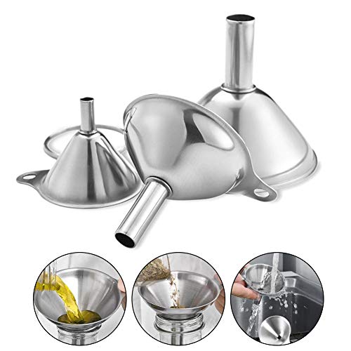 3 in 1 Metal Funnels for Filling Bottles Stainless Steel Small Kitchen Funnel Set for Transferring Essential Oils Liquid Fluid Spice Dry Ingredients Powder