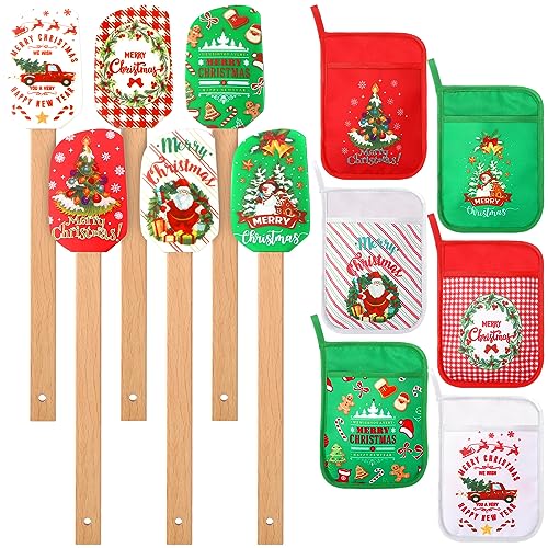 12 Pcs Christmas Silicone Spatulas Pot Holders Set Heat Resistant Pot Holders with Pocket Baking Gifts for Christmas Gift Party Supplies (Cute Christmas Style)