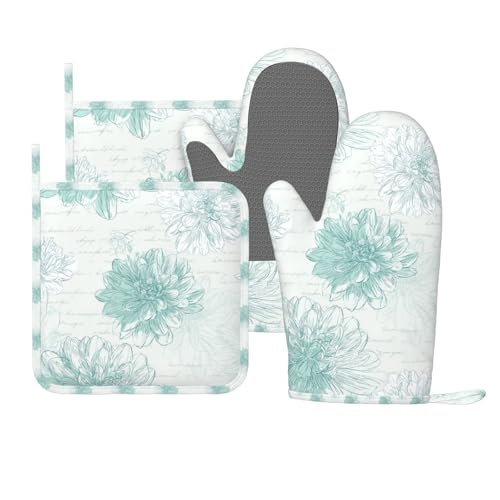 Oven Mitts and Pot Holders Dahlia Flower Pastel Vintage Silicone Kitchen Accessories Set of 4 Heat Resistant Long Gloves Potholder Non (A096)
