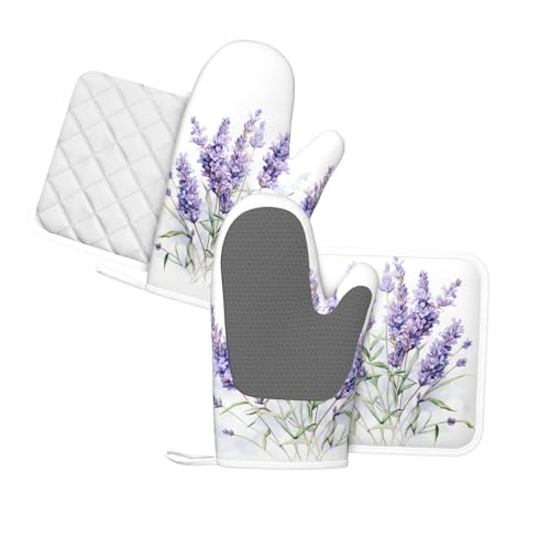 Oven Mitts and Pot Holders Lavender Watercolor Flower Floral Silicone Kitchen Accessories Set of 4 Heat Resistant Long Gloves Potholder Non (B01)